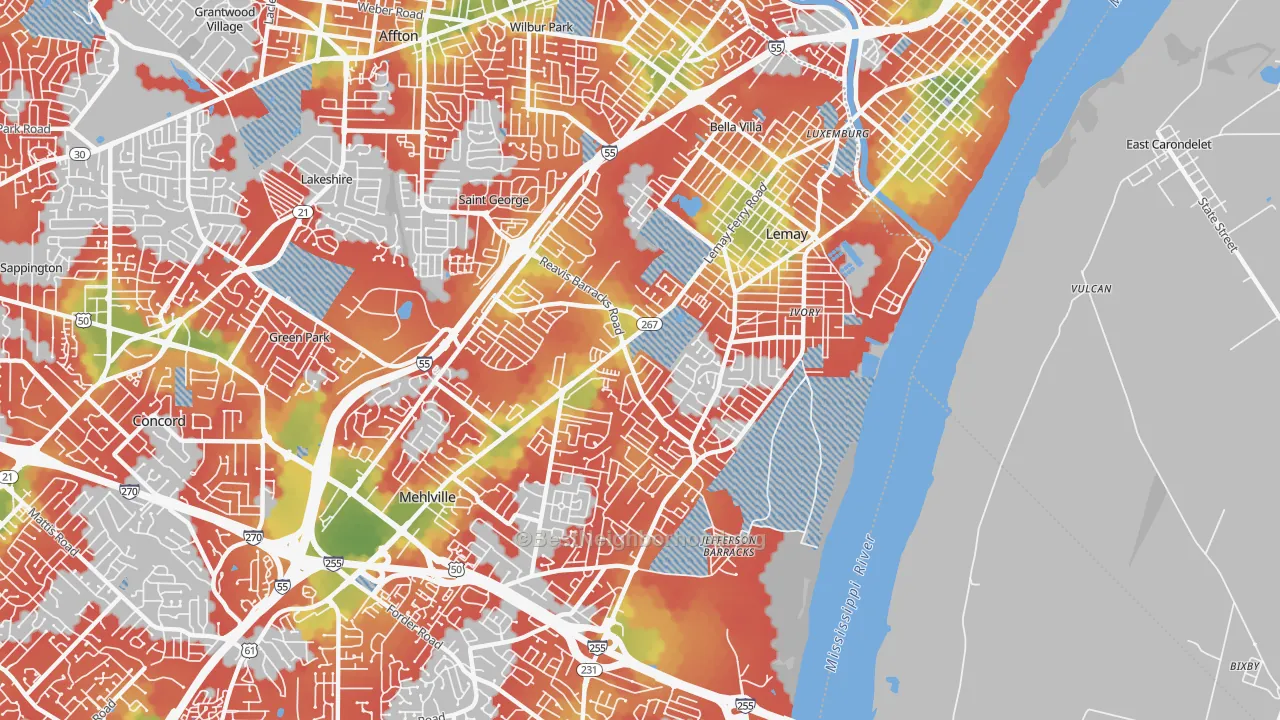 Walk Grade map of 63125, MO, walkable areas in green and car-dependent areas in red