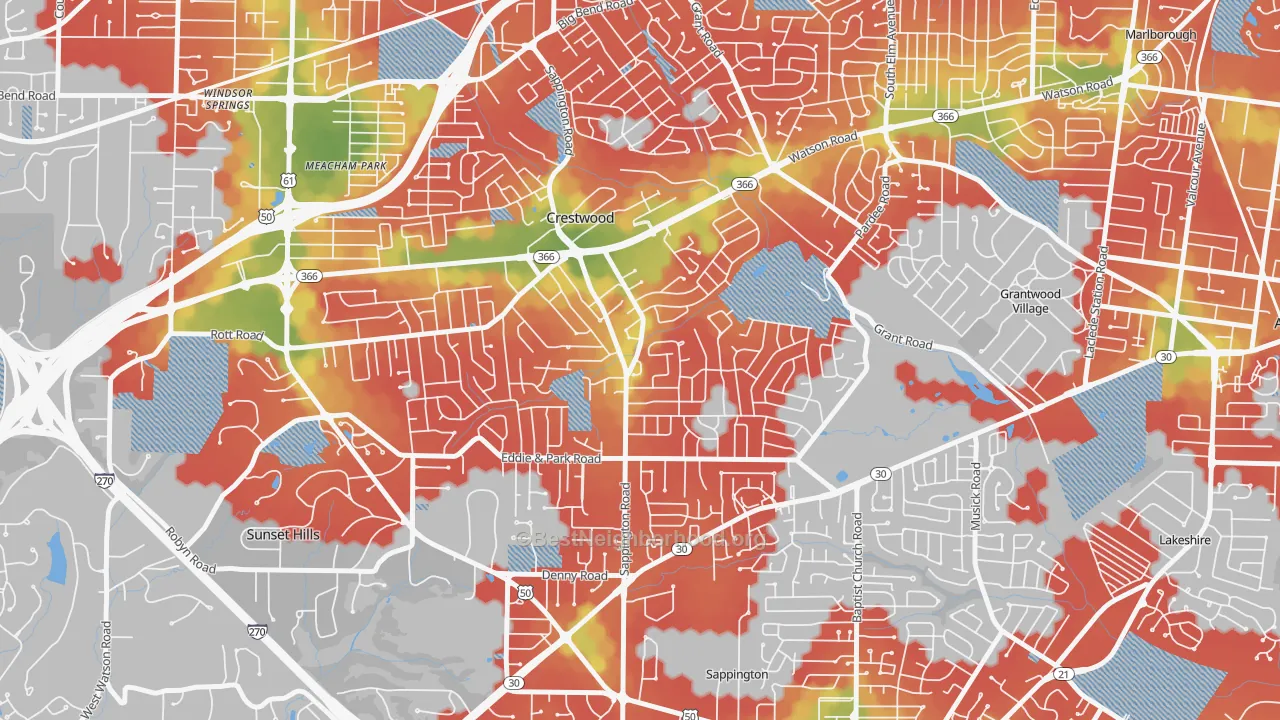 Walk Grade map of 63126, MO, walkable areas in green and car-dependent areas in red