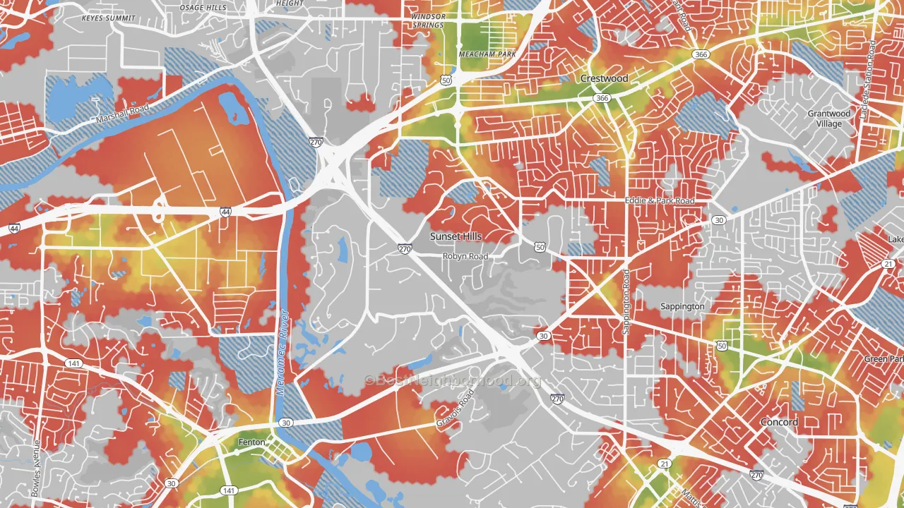 Walk Grade map of 63127, MO, walkable areas in green and car-dependent areas in red