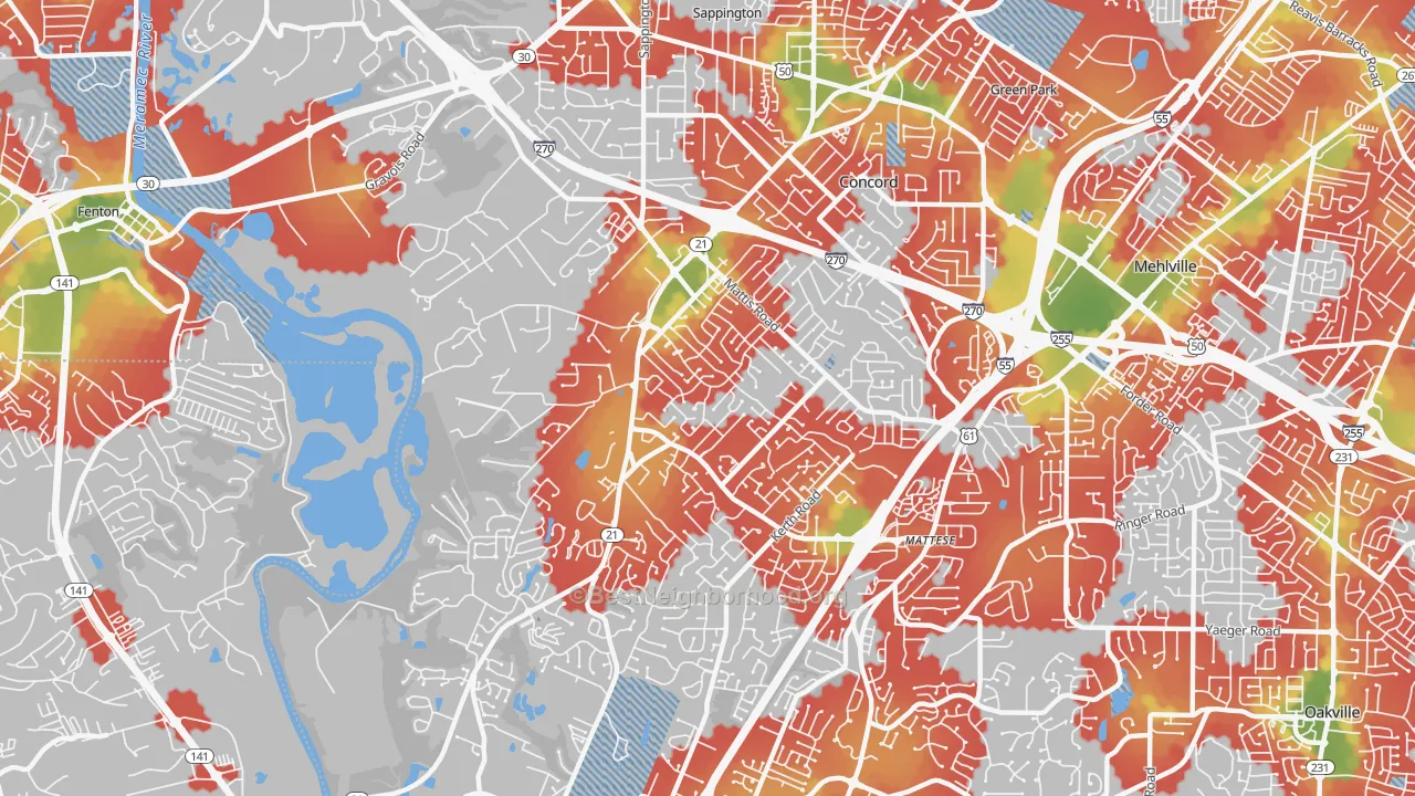 Walk Grade map of 63128, MO, walkable areas in green and car-dependent areas in red