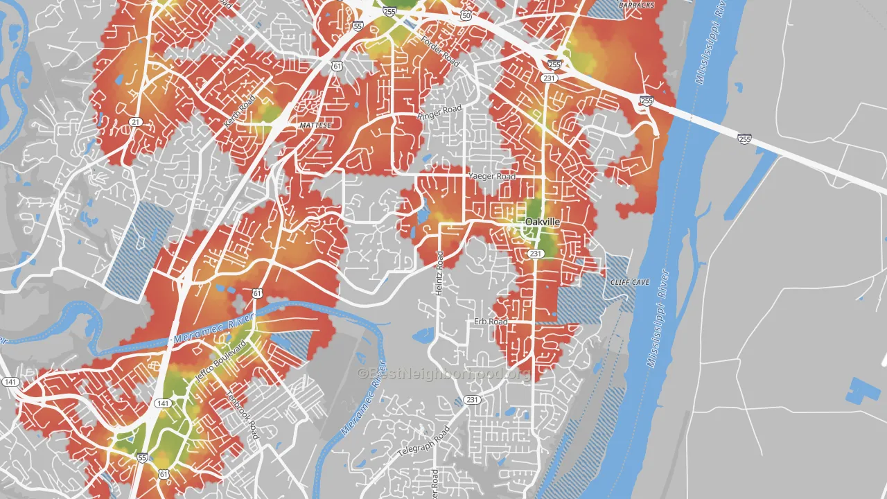 Walk Grade map of 63129, MO, walkable areas in green and car-dependent areas in red
