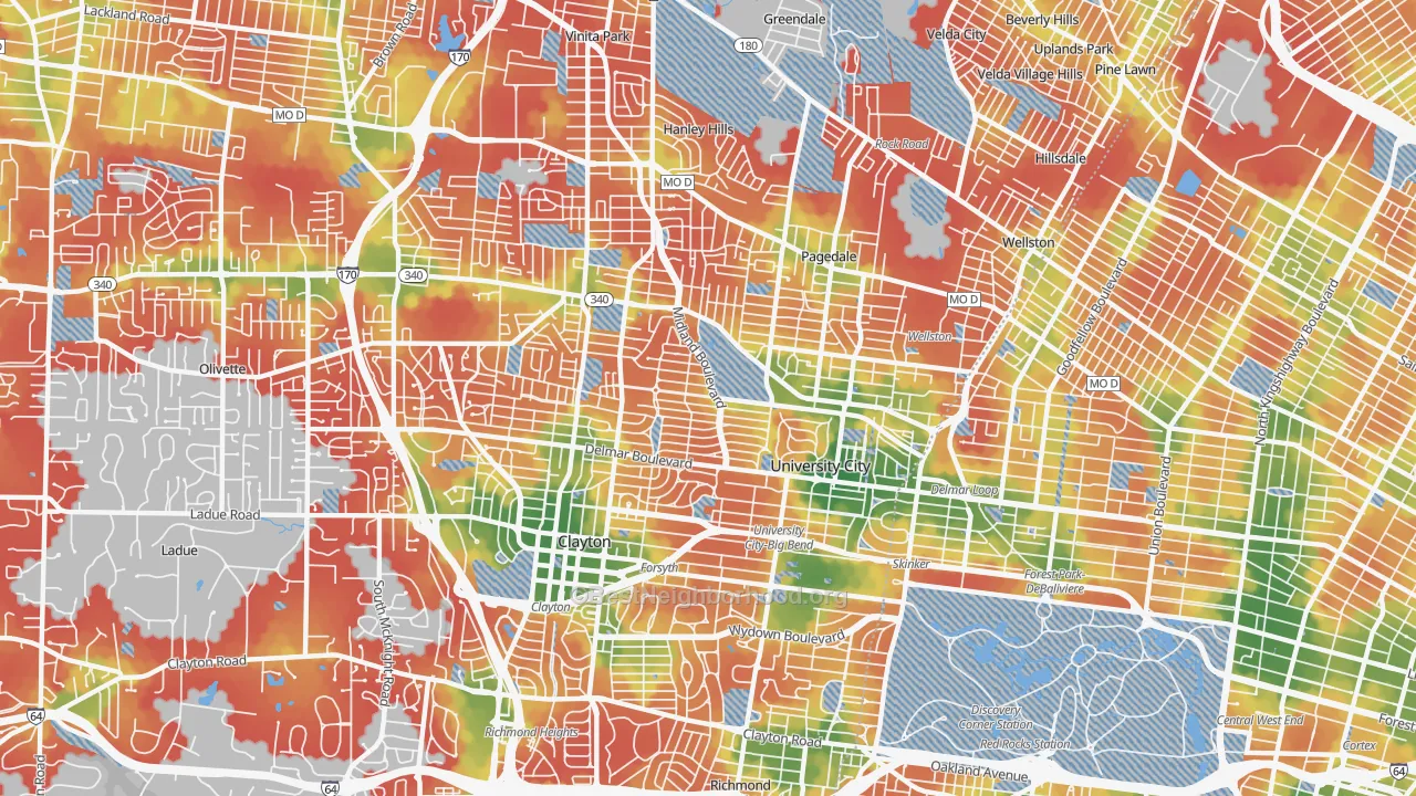 Walk Grade map of 63130, MO, walkable areas in green and car-dependent areas in red