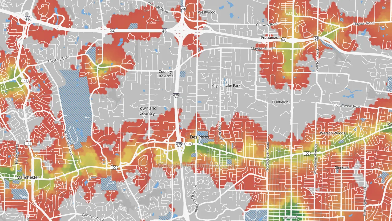 Walk Grade map of 63131, MO, walkable areas in green and car-dependent areas in red