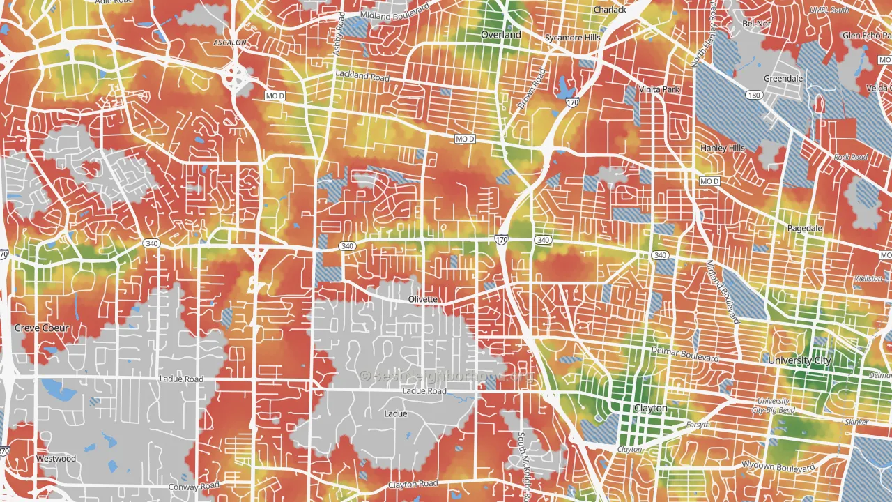 Walk Grade map of 63132, MO, walkable areas in green and car-dependent areas in red