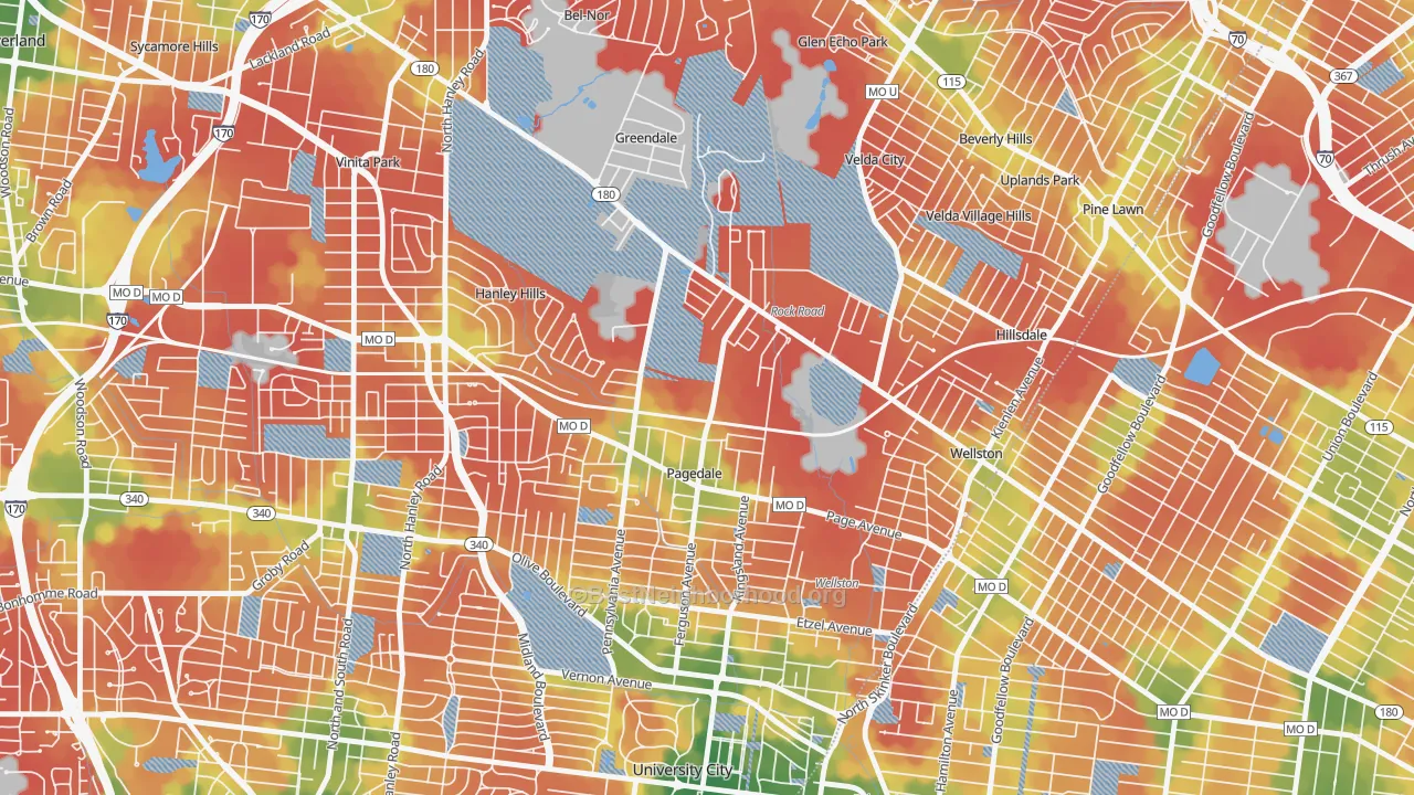 Walk Grade map of 63133, MO, walkable areas in green and car-dependent areas in red