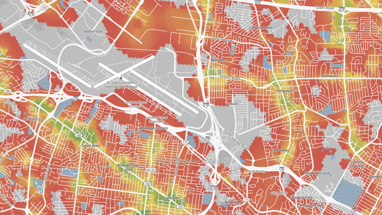 Walk Grade map of 63134, MO, walkable areas in green and car-dependent areas in red