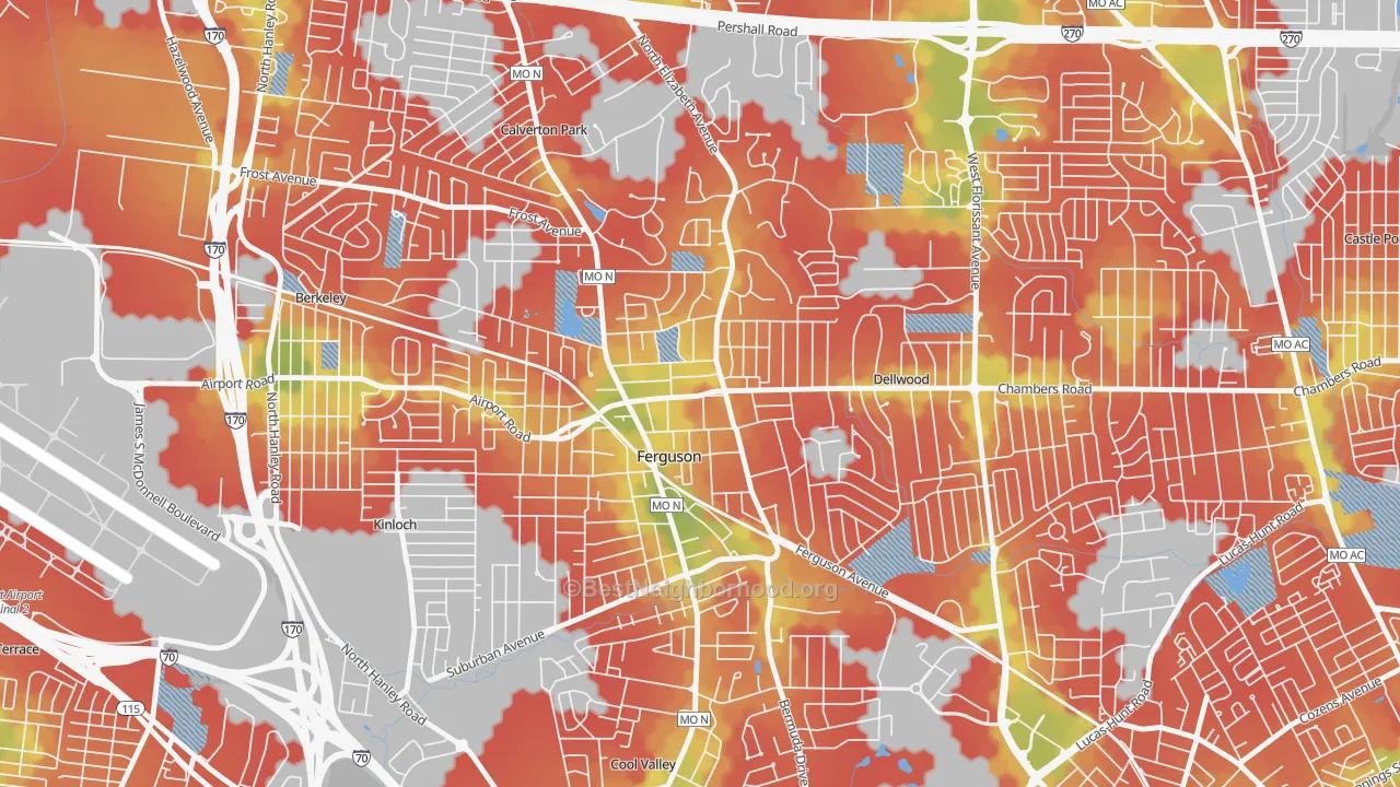Walk Grade map of 63135, MO, walkable areas in green and car-dependent areas in red