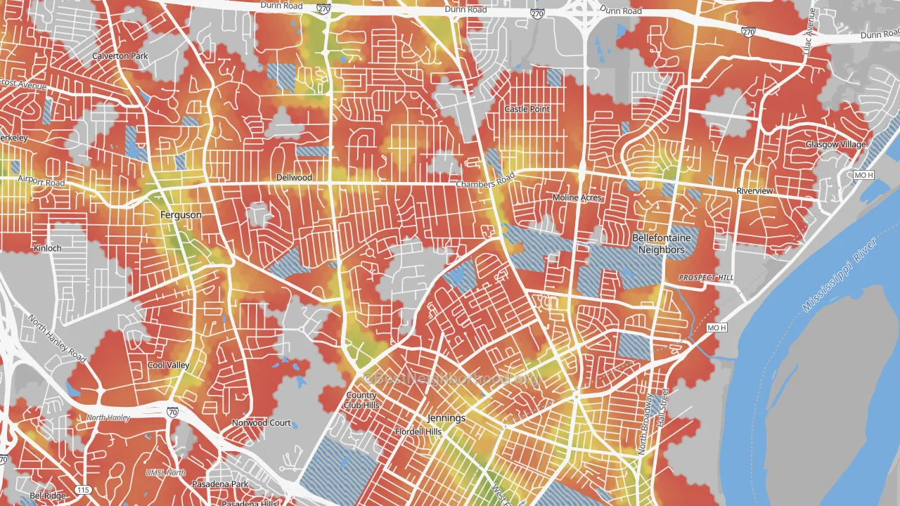 Walk Grade map of 63136, MO, walkable areas in green and car-dependent areas in red