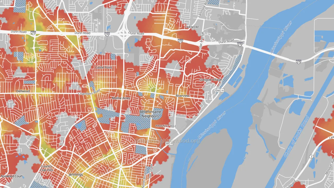Walk Grade map of 63137, MO, walkable areas in green and car-dependent areas in red