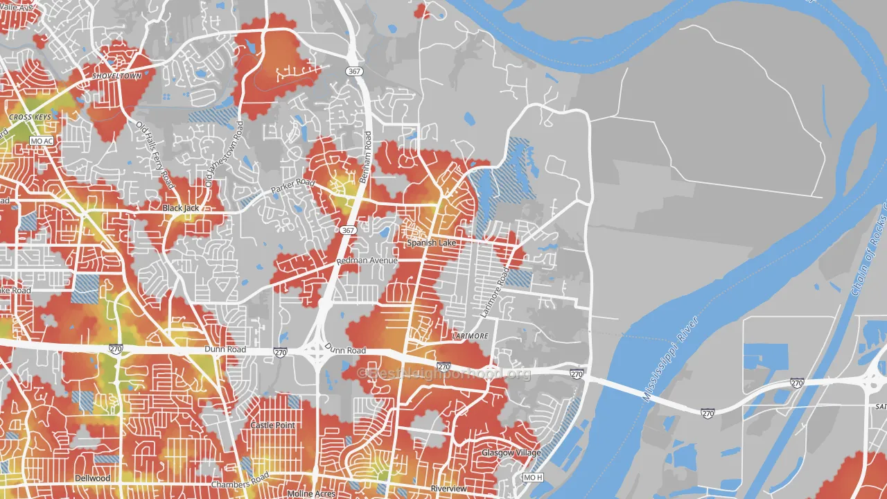Walk Grade map of 63138, MO, walkable areas in green and car-dependent areas in red