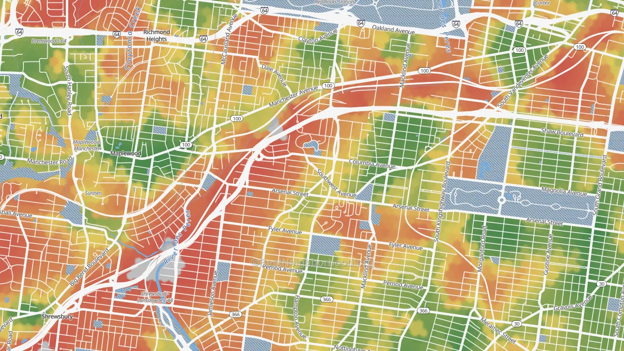 Walk Grade map of 63139, MO, walkable areas in green and car-dependent areas in red