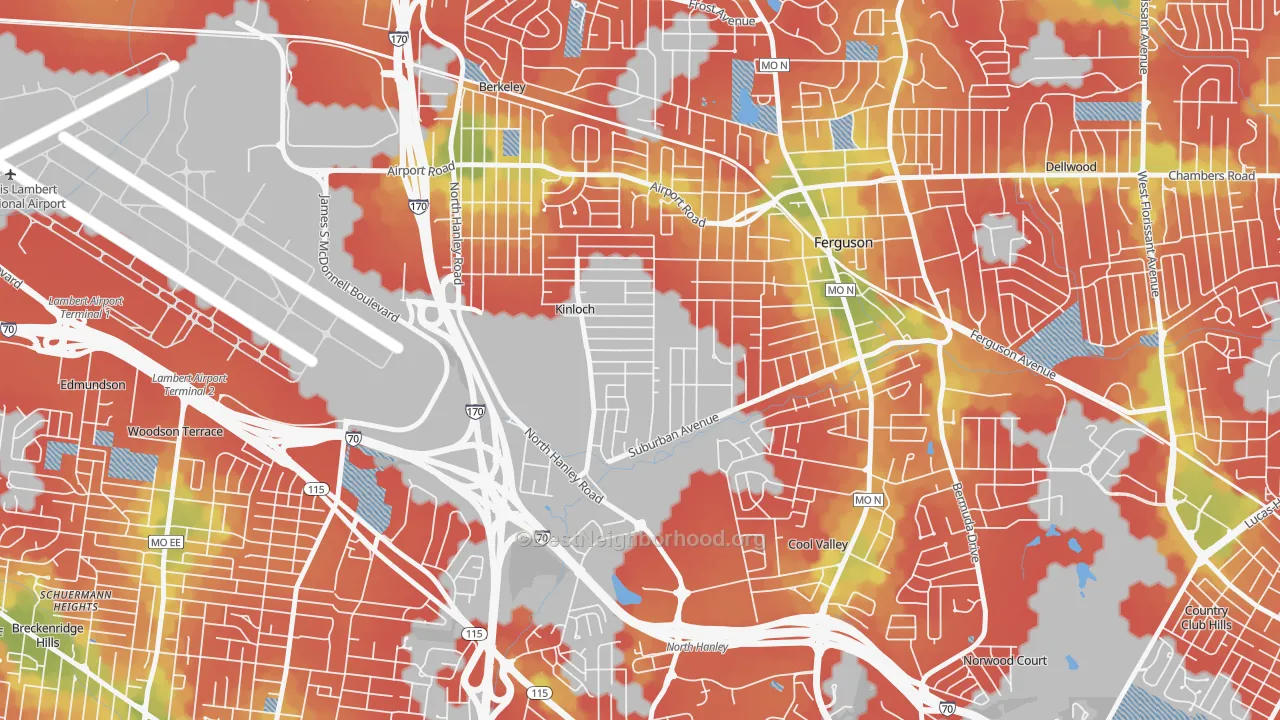 Walk Grade map of 63140, MO, walkable areas in green and car-dependent areas in red