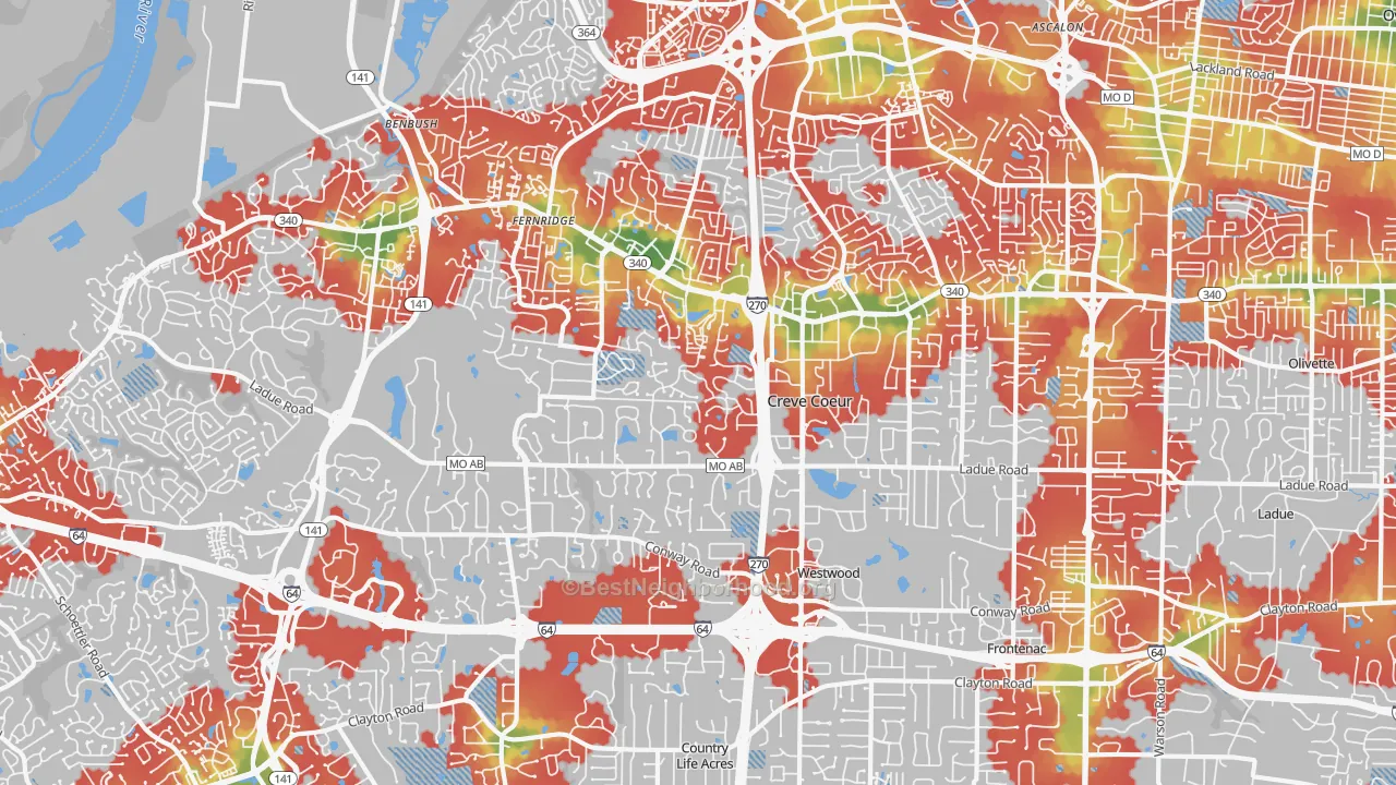 Walk Grade map of 63141, MO, walkable areas in green and car-dependent areas in red