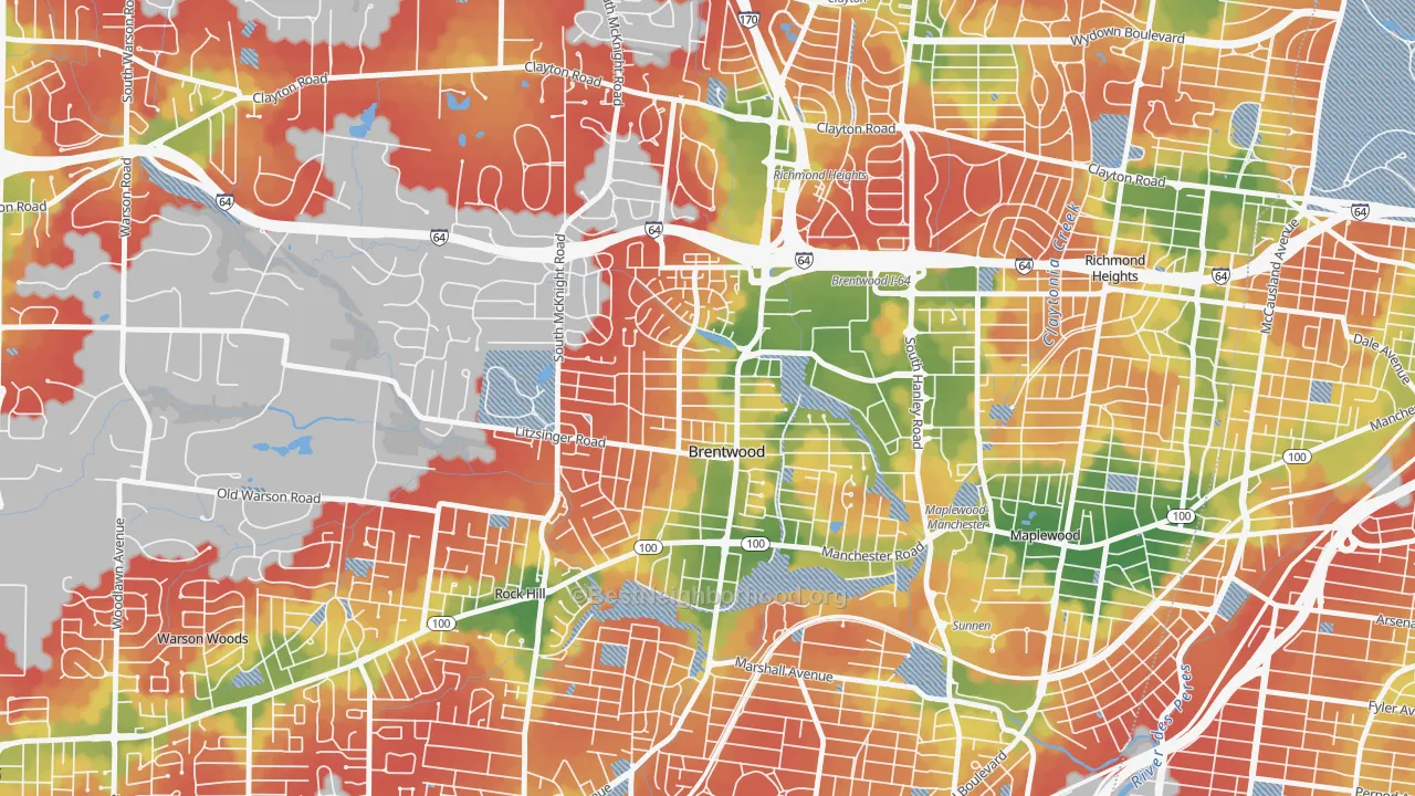 Walk Grade map of 63144, MO, walkable areas in green and car-dependent areas in red