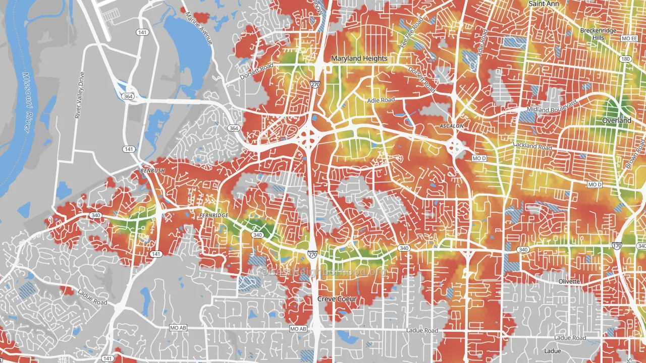 Walk Grade map of 63146, MO, walkable areas in green and car-dependent areas in red