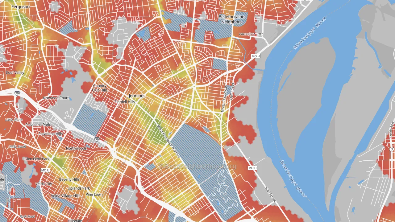 Walk Grade map of 63147, MO, walkable areas in green and car-dependent areas in red