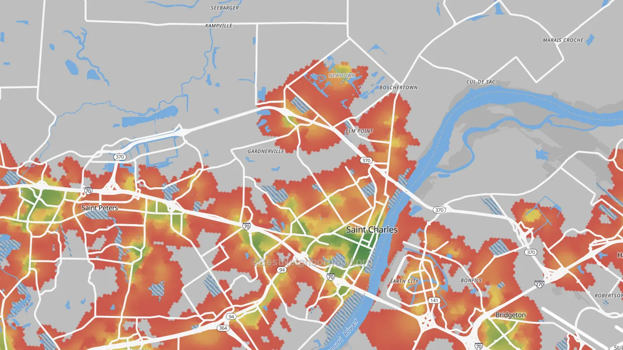 Walk Grade map of 63301, MO, walkable areas in green and car-dependent areas in red