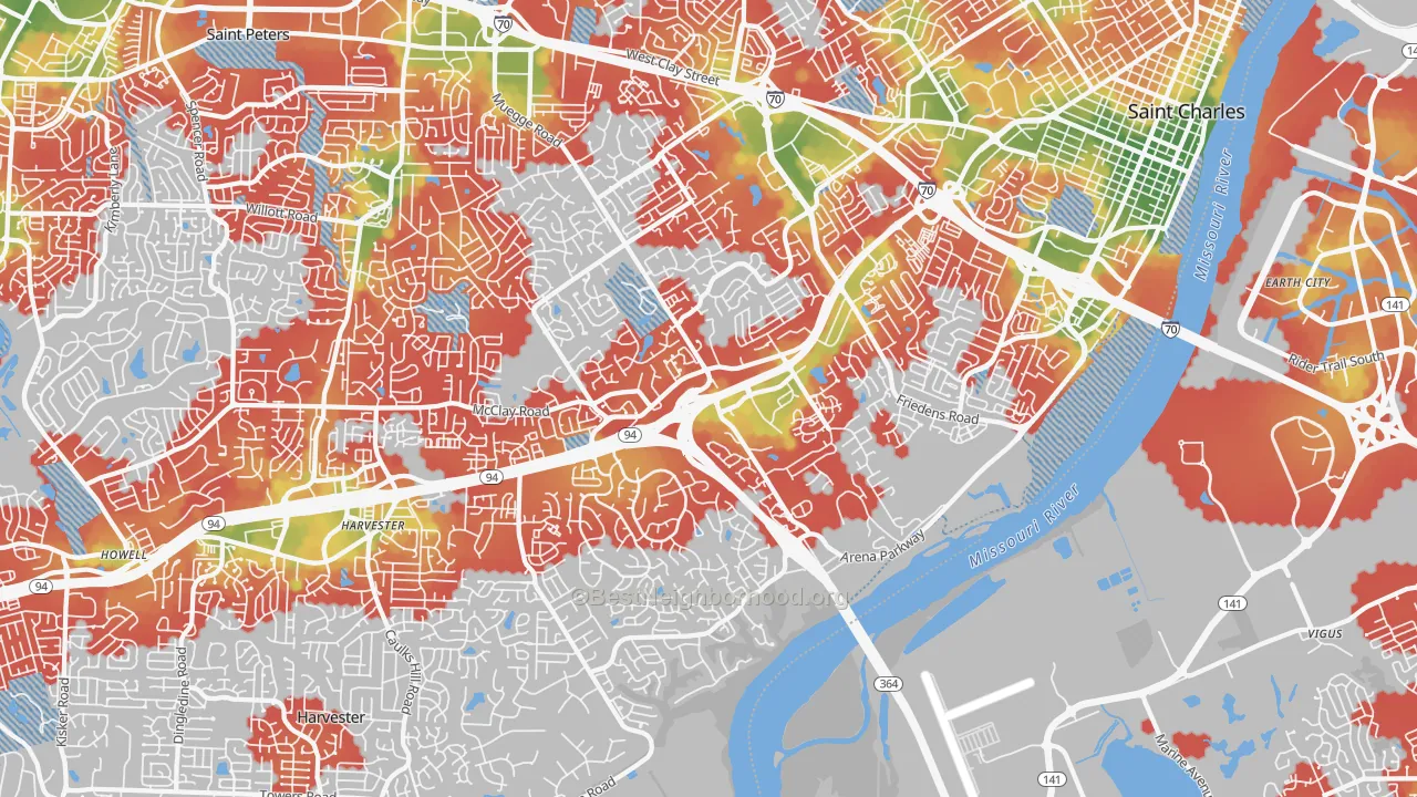 Walk Grade map of 63303, MO, walkable areas in green and car-dependent areas in red