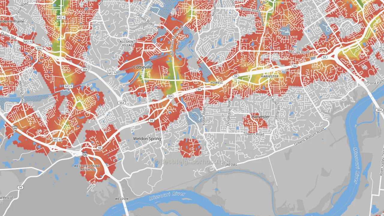Walk Grade map of 63304, MO, walkable areas in green and car-dependent areas in red