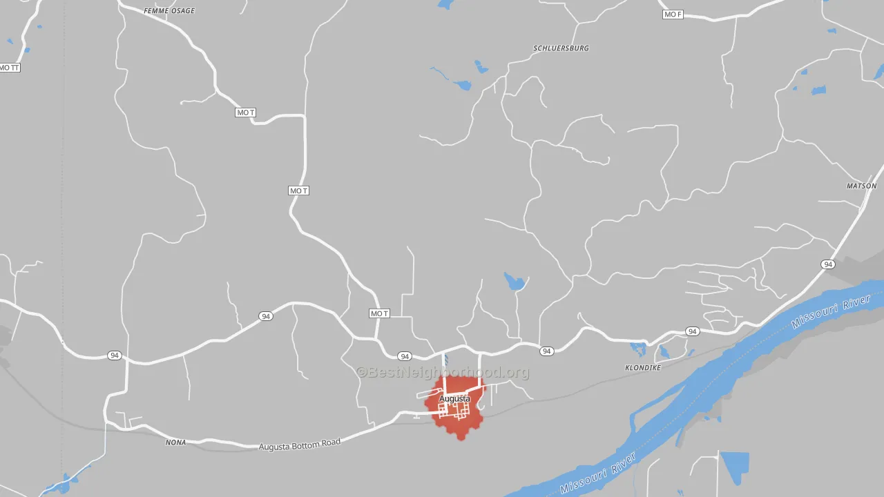 Walk Grade map of 63332, MO, walkable areas in green and car-dependent areas in red