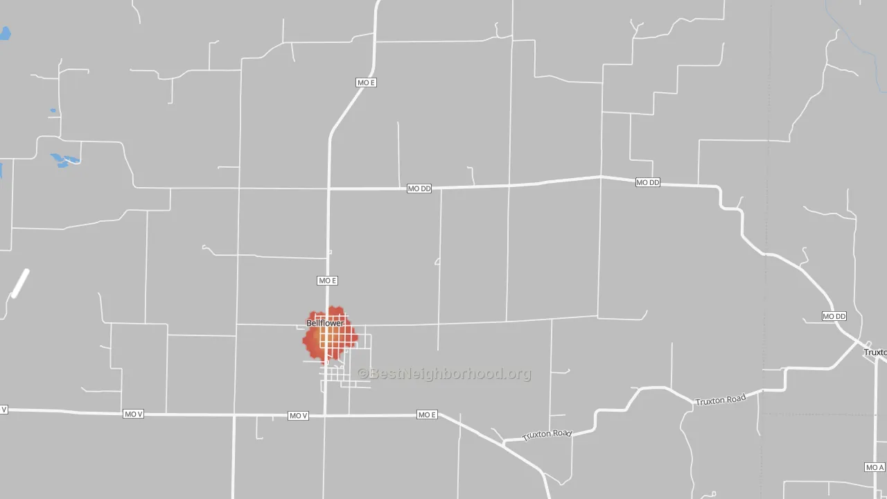Walk Grade map of 63333, MO, walkable areas in green and car-dependent areas in red