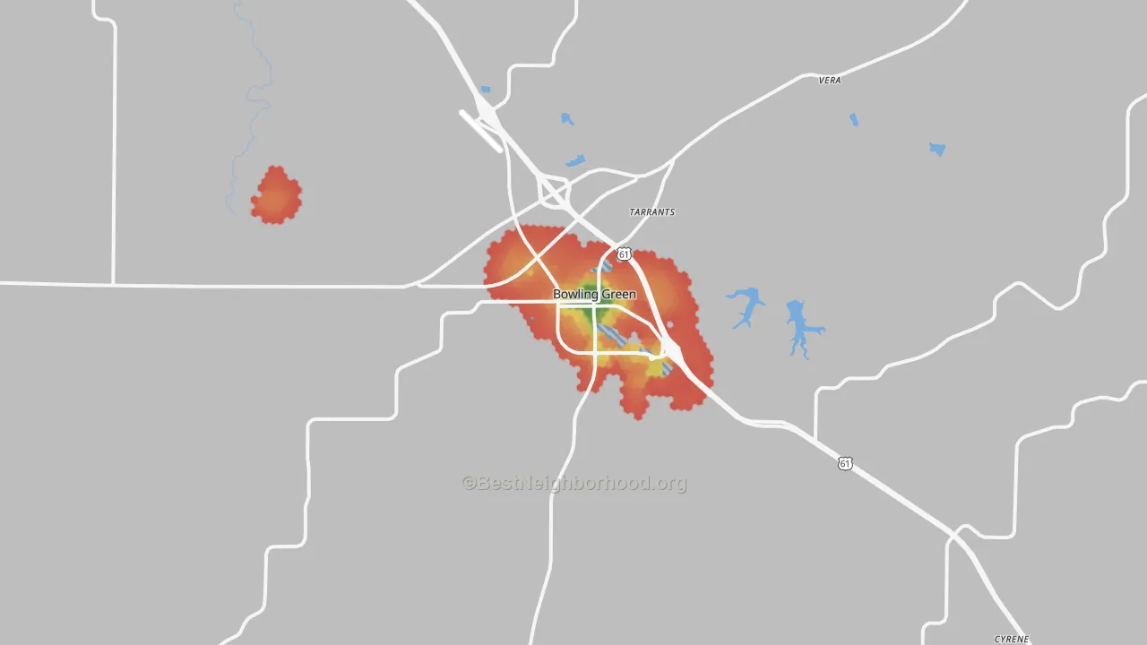 Walk Grade map of 63334, MO, walkable areas in green and car-dependent areas in red