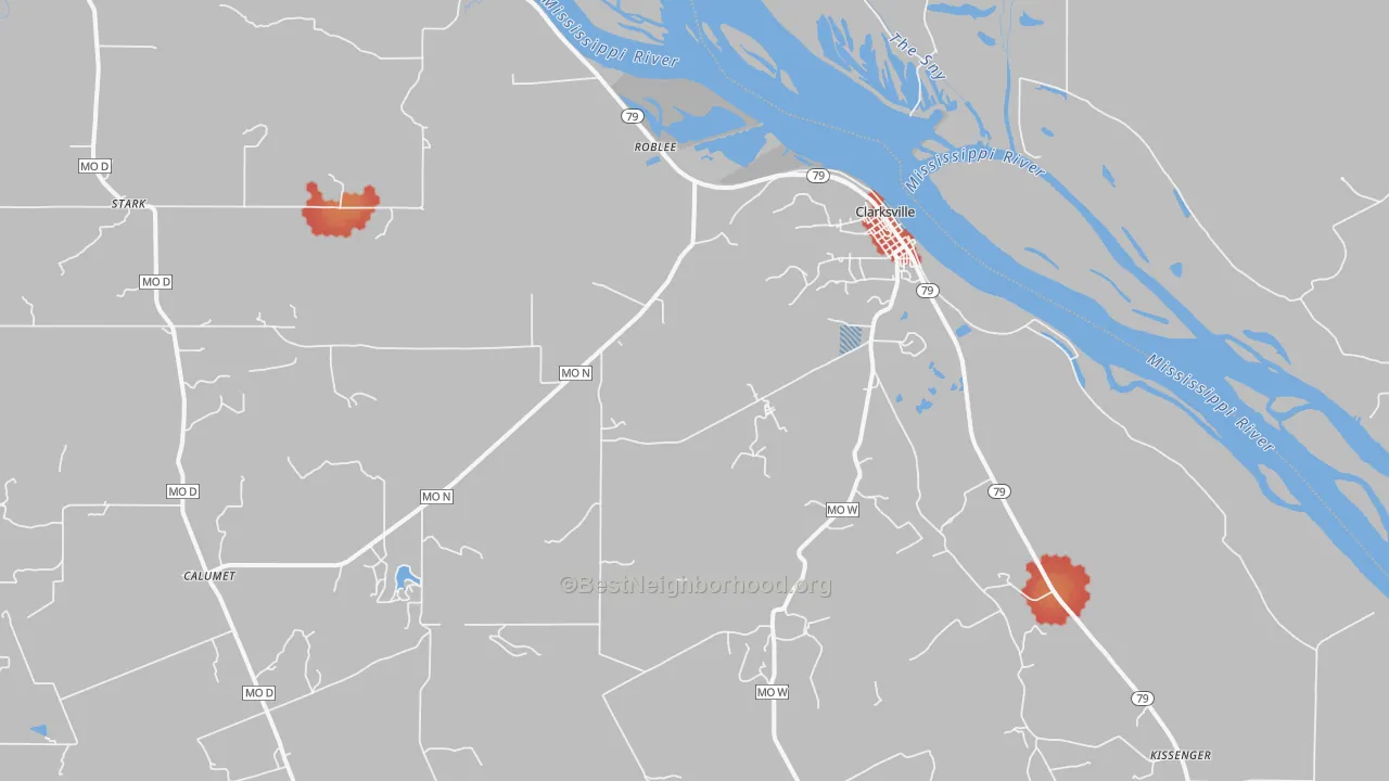Walk Grade map of 63336, MO, walkable areas in green and car-dependent areas in red