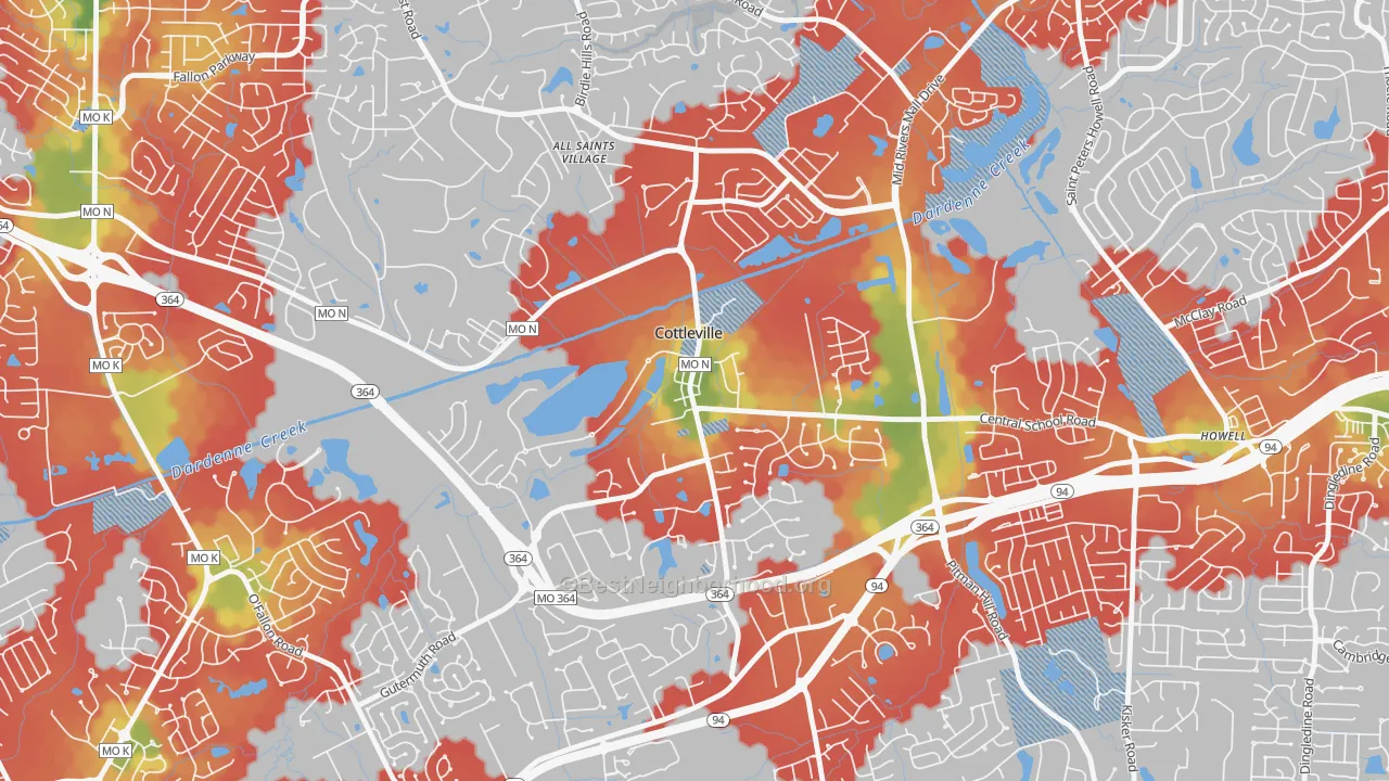Walk Grade map of 63338, MO, walkable areas in green and car-dependent areas in red