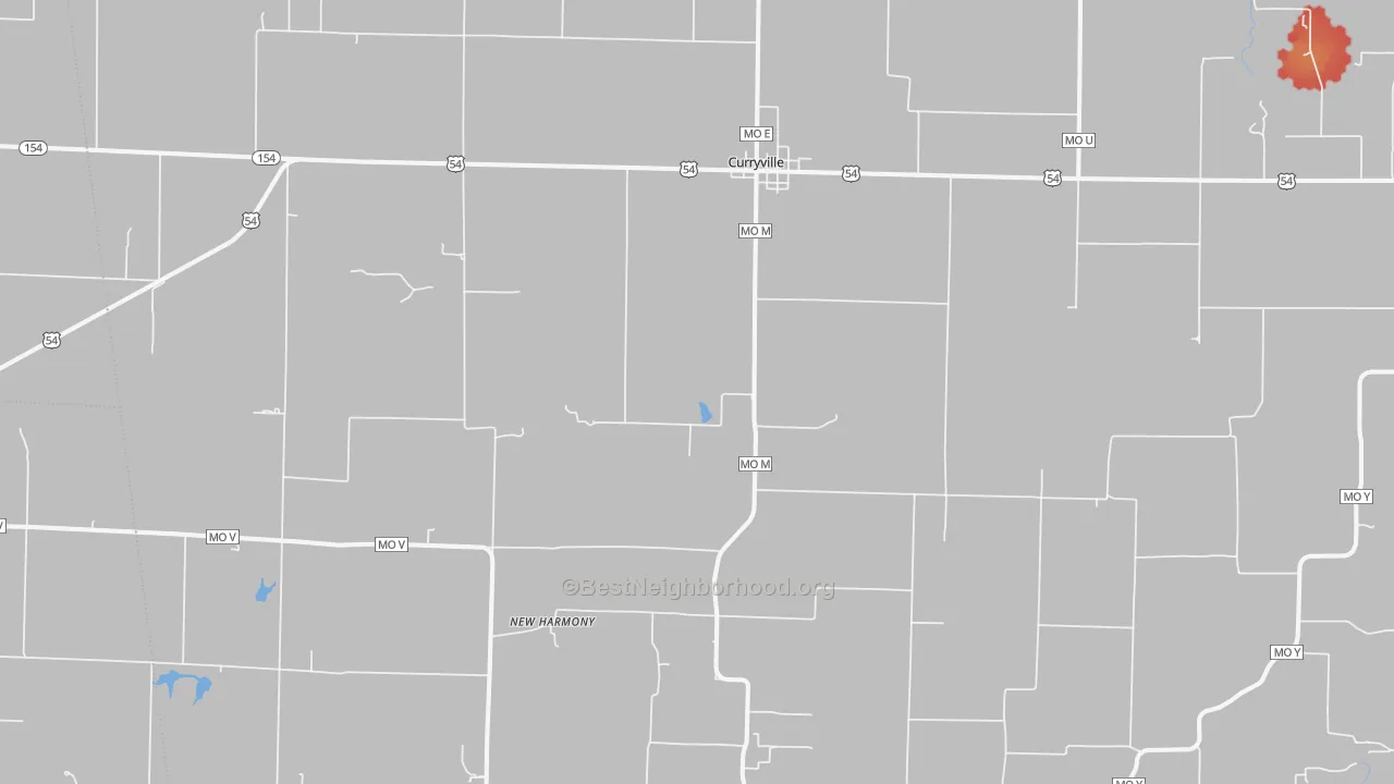 Walk Grade map of 63339, MO, walkable areas in green and car-dependent areas in red