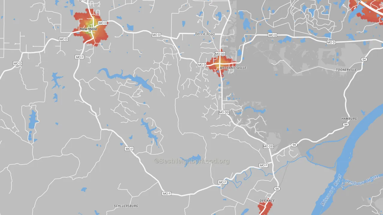Walk Grade map of 63341, MO, walkable areas in green and car-dependent areas in red