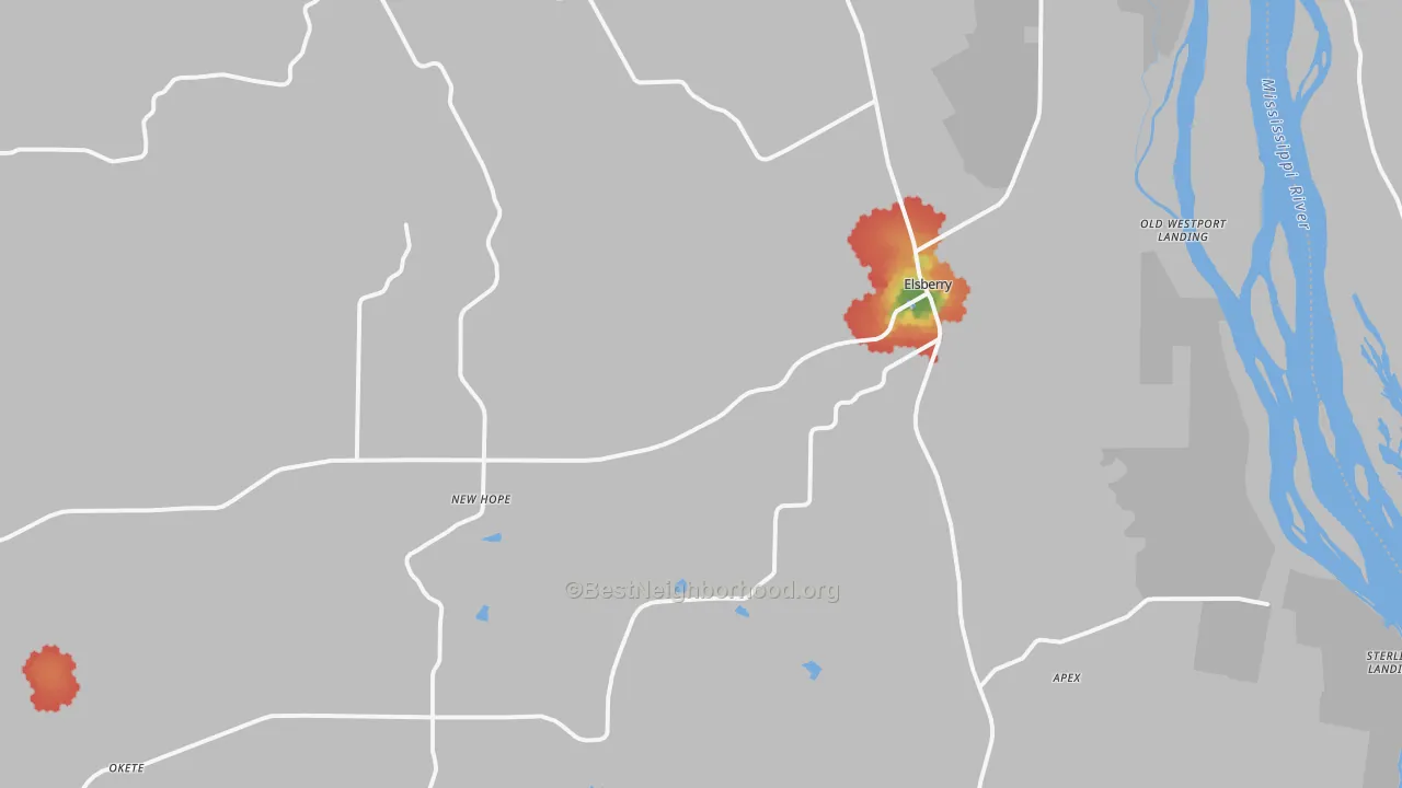 Walk Grade map of 63343, MO, walkable areas in green and car-dependent areas in red
