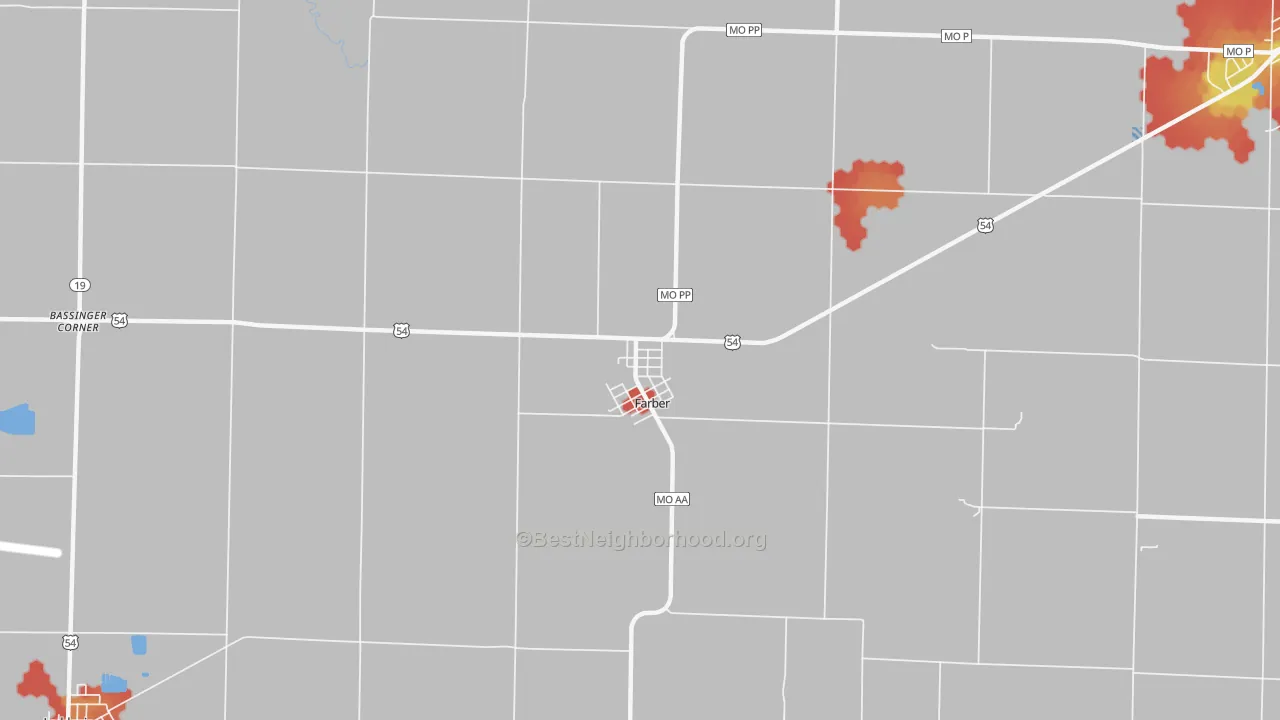 Walk Grade map of 63345, MO, walkable areas in green and car-dependent areas in red