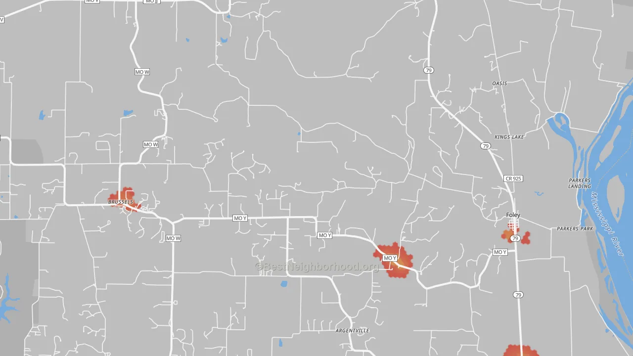 Walk Grade map of 63347, MO, walkable areas in green and car-dependent areas in red