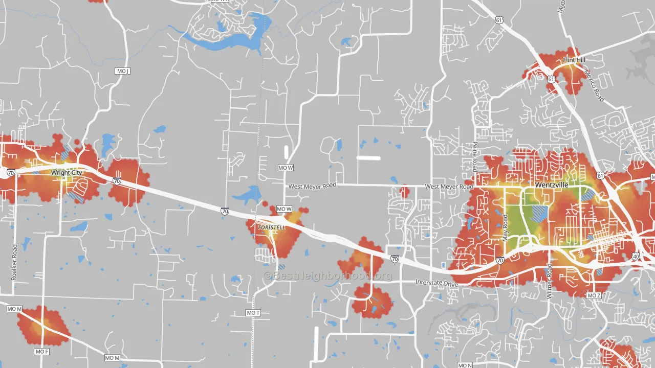 Walk Grade map of 63348, MO, walkable areas in green and car-dependent areas in red