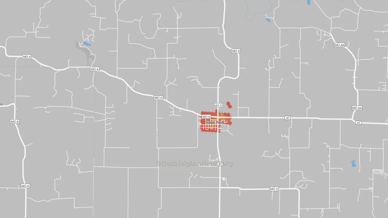 Walk Grade map of 63349, MO, walkable areas in green and car-dependent areas in red