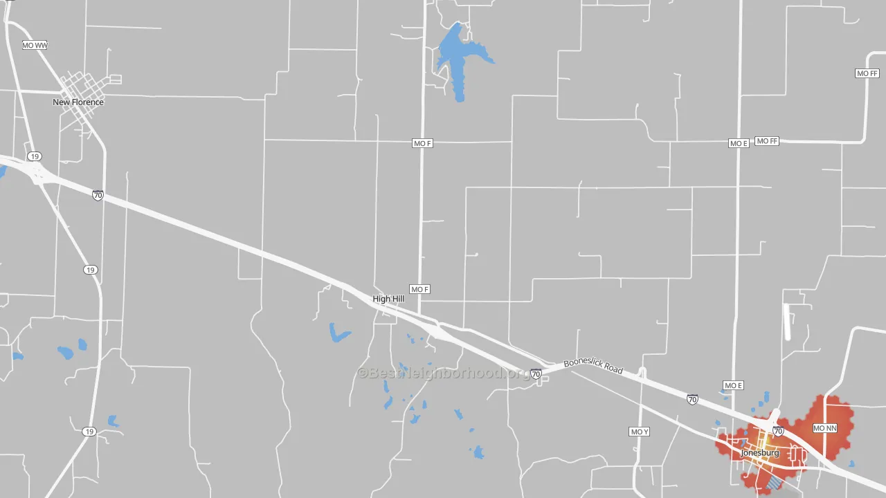 Walk Grade map of 63350, MO, walkable areas in green and car-dependent areas in red