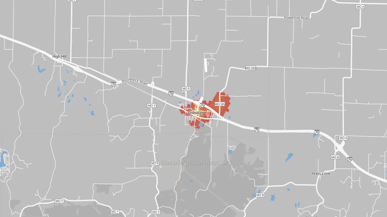 Walk Grade map of 63351, MO, walkable areas in green and car-dependent areas in red
