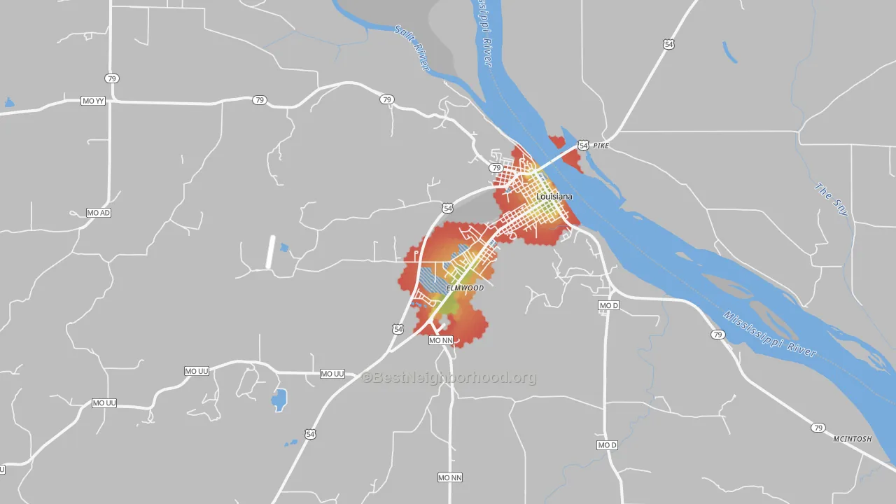 Walk Grade map of 63353, MO, walkable areas in green and car-dependent areas in red