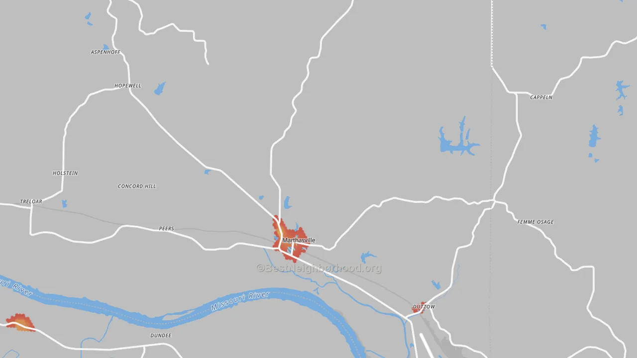 Walk Grade map of 63357, MO, walkable areas in green and car-dependent areas in red