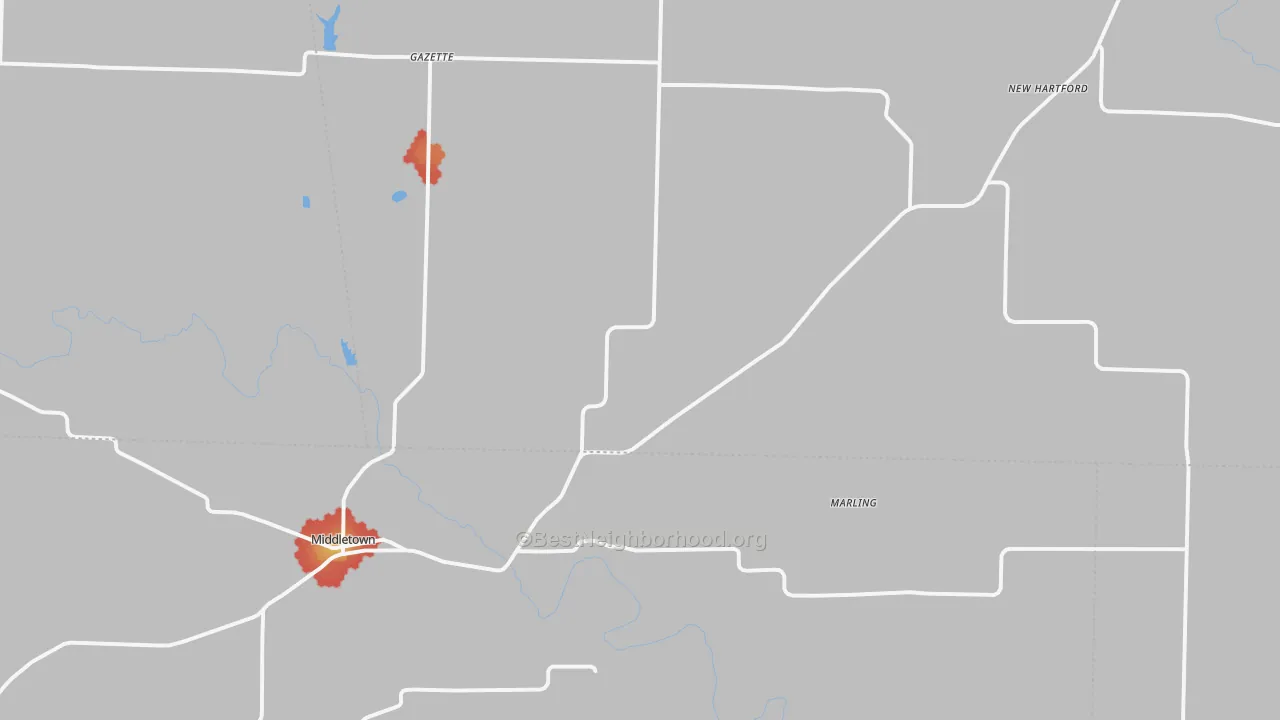 Walk Grade map of 63359, MO, walkable areas in green and car-dependent areas in red