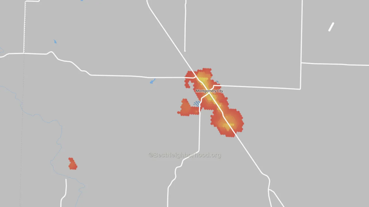 Walk Grade map of 63361, MO, walkable areas in green and car-dependent areas in red