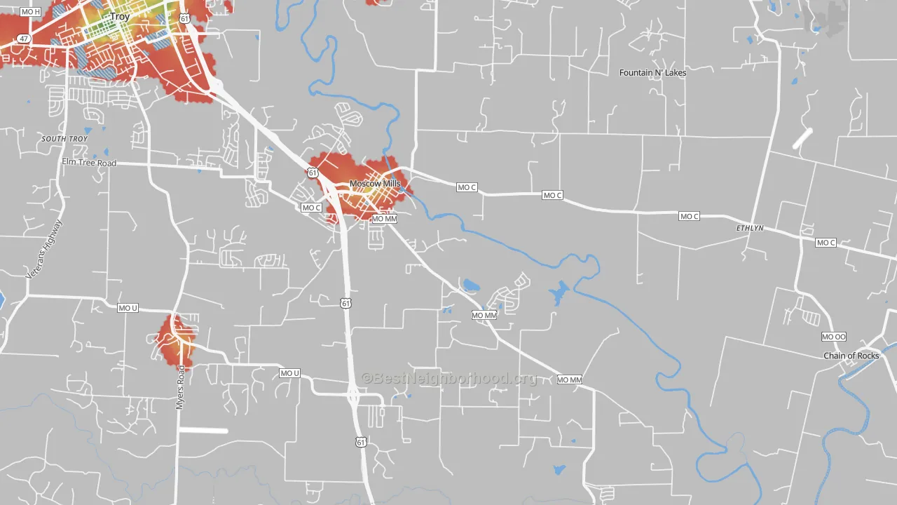 Walk Grade map of 63362, MO, walkable areas in green and car-dependent areas in red
