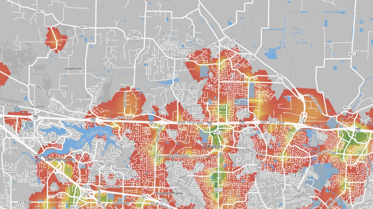 Walk Grade map of 63366, MO, walkable areas in green and car-dependent areas in red