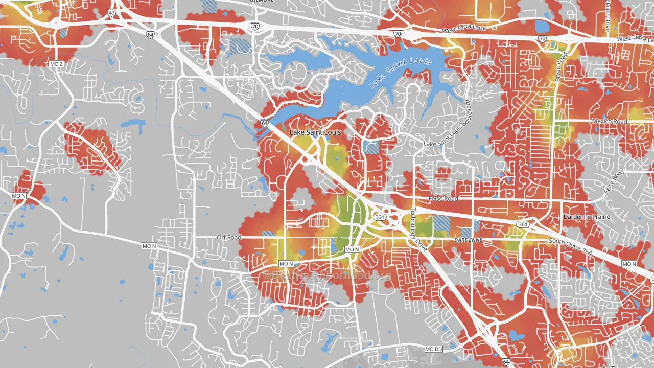 Walk Grade map of 63367, MO, walkable areas in green and car-dependent areas in red