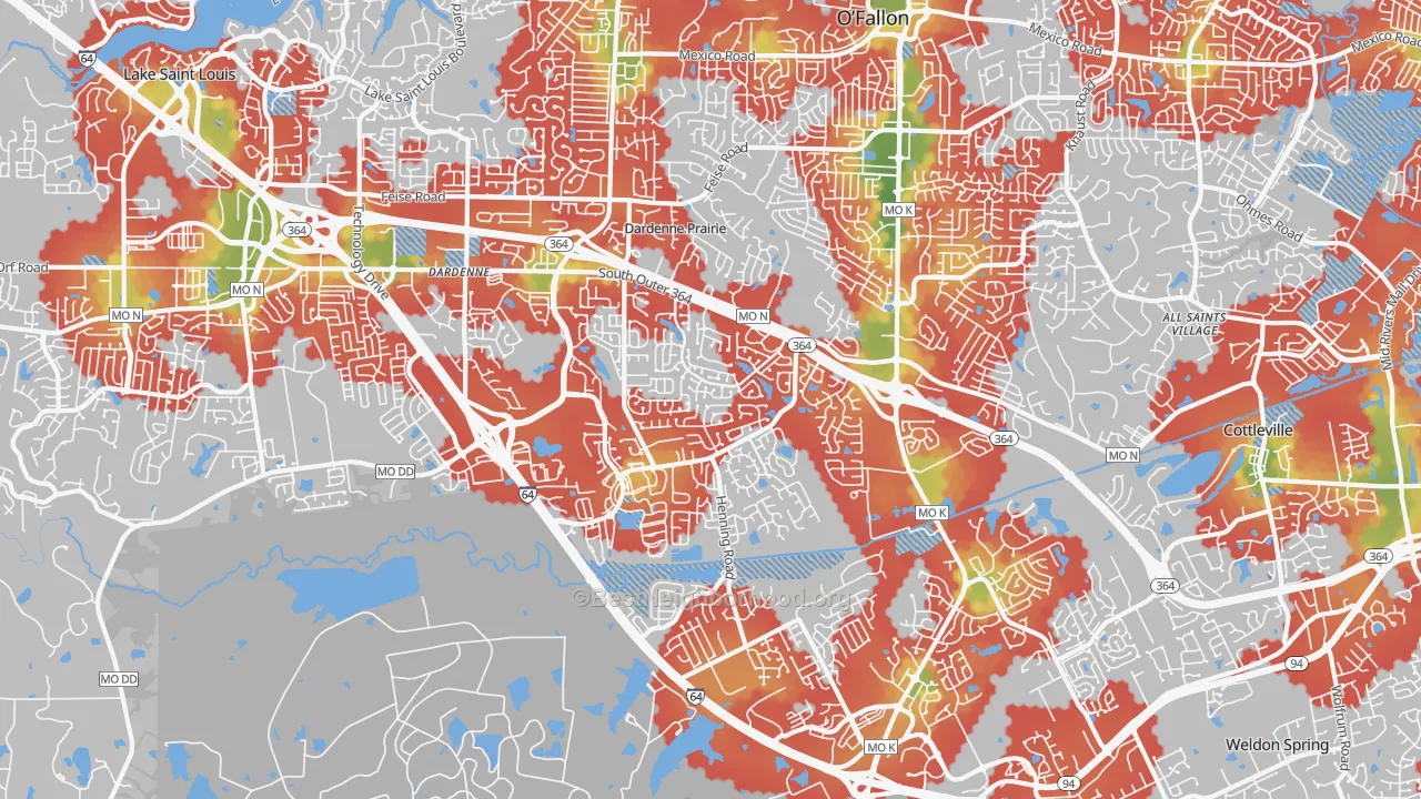 Walk Grade map of 63368, MO, walkable areas in green and car-dependent areas in red