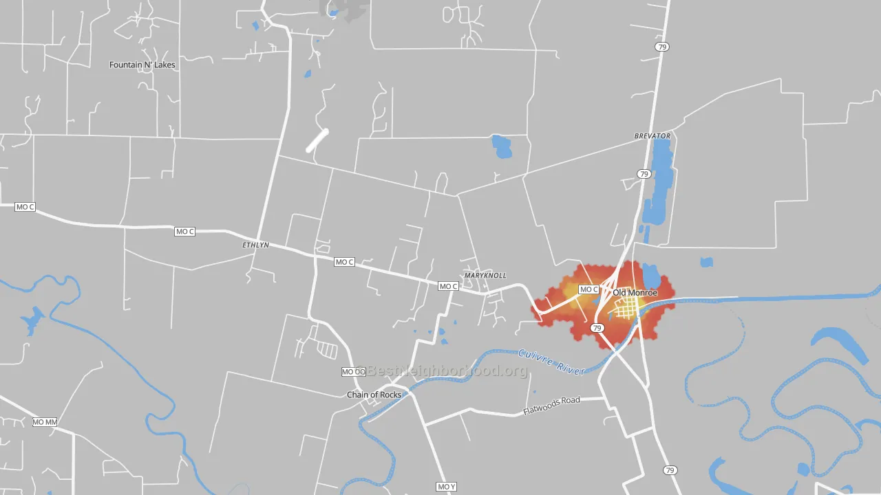 Walk Grade map of 63369, MO, walkable areas in green and car-dependent areas in red
