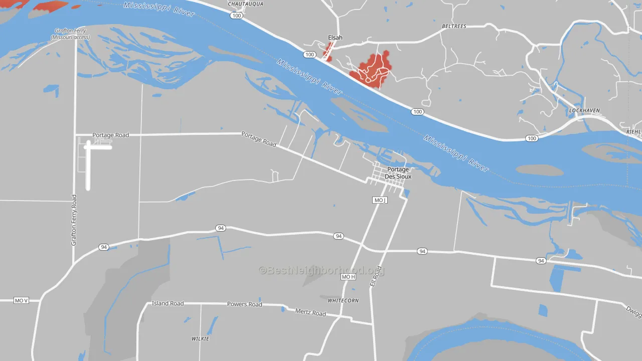 Walk Grade map of 63373, MO, walkable areas in green and car-dependent areas in red