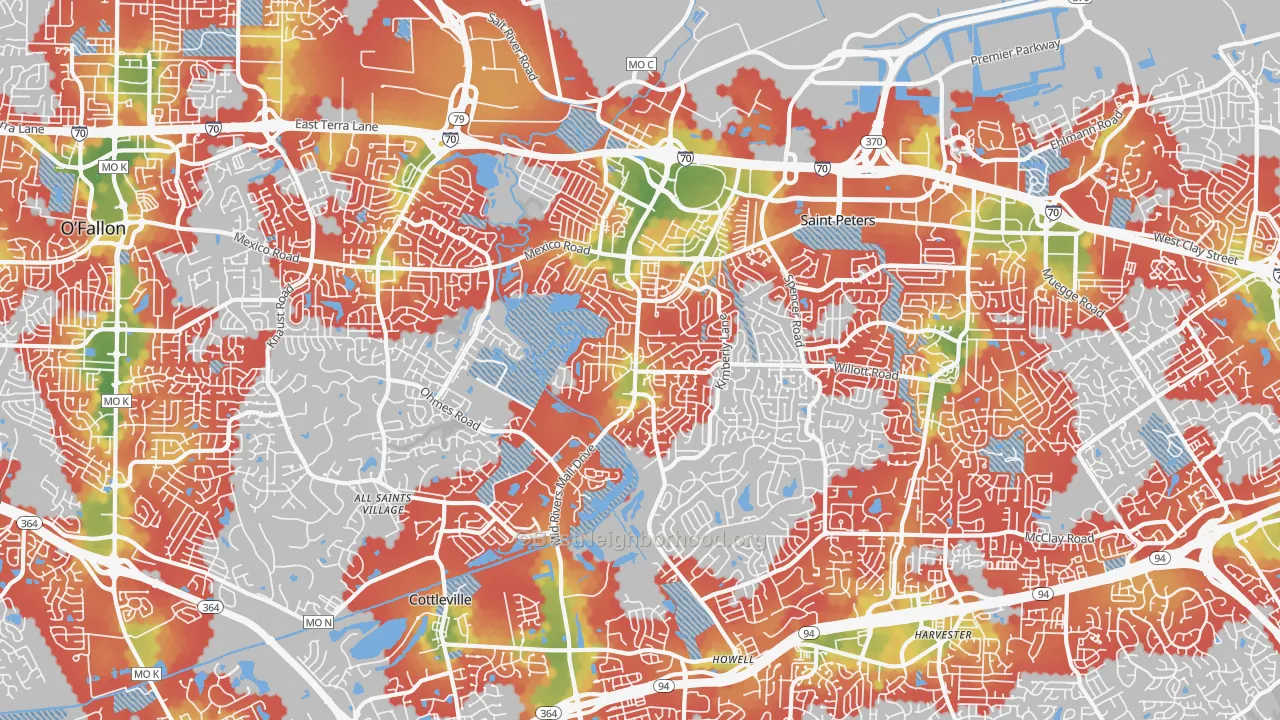 Walk Grade map of 63376, MO, walkable areas in green and car-dependent areas in red