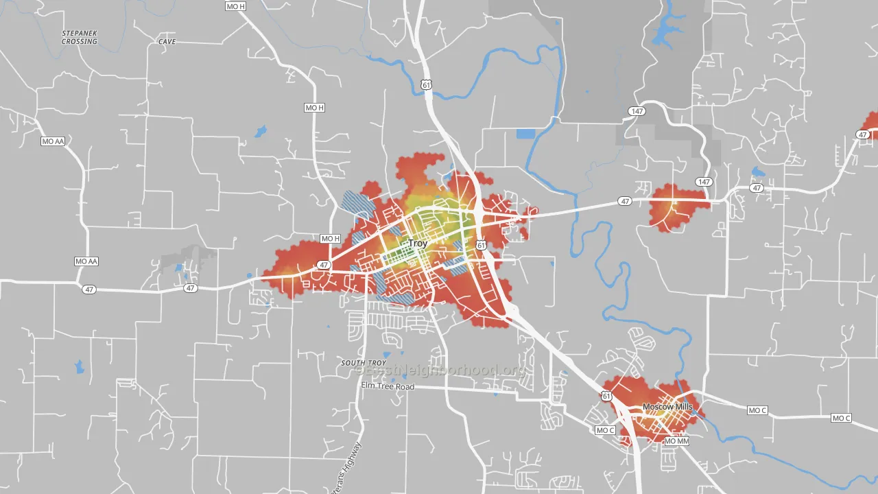 Walk Grade map of 63379, MO, walkable areas in green and car-dependent areas in red