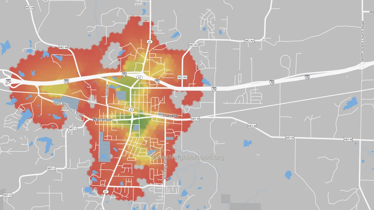 Walk Grade map of 63380, MO, walkable areas in green and car-dependent areas in red